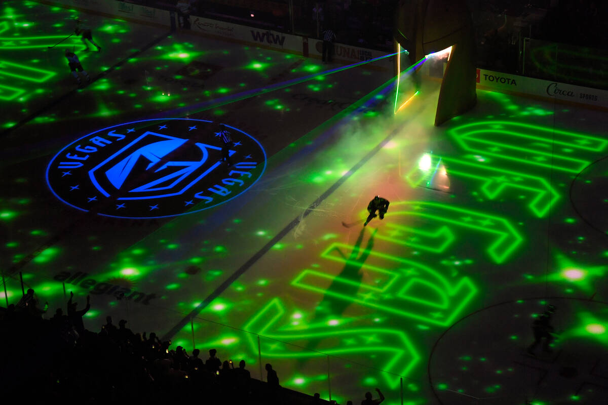 The Vegas Golden Knights take the ice before an NHL hockey game against the Nashville Predators ...