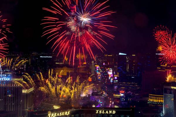 New Year’s Eve fireworks erupts above the Strip viewed from atop the Trump Tower on Sund ...