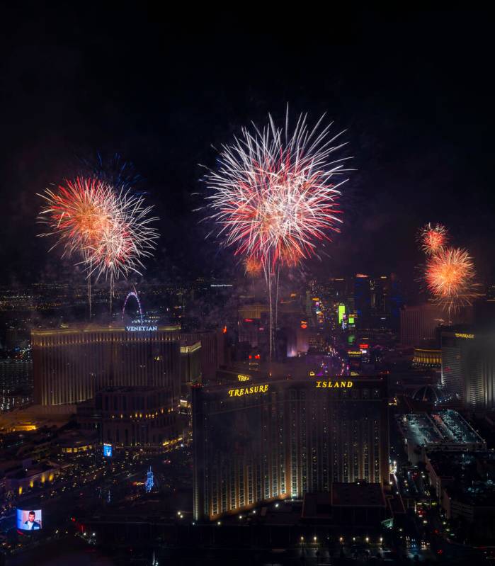 New Year’s Eve fireworks erupt above the Strip viewed from atop the Trump Tower on Sunda ...