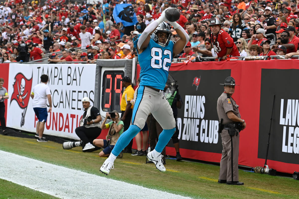 Carolina Panthers tight end Tommy Tremble during the first half of an NFL football game between ...