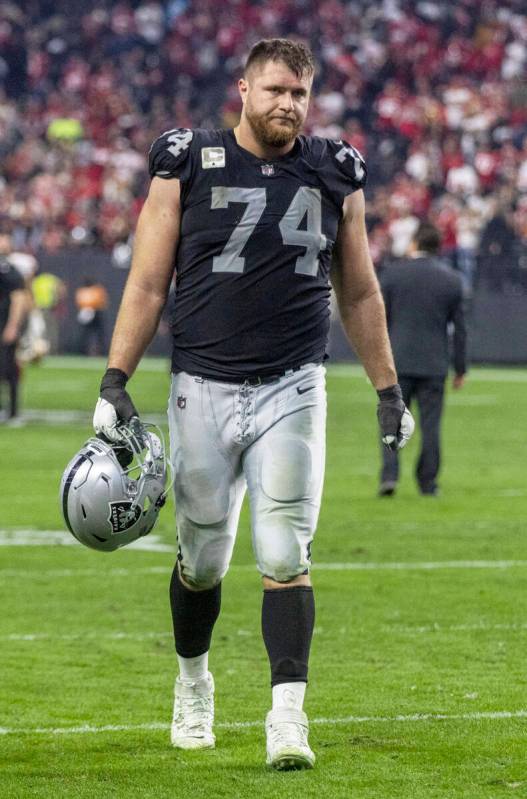 Raiders offensive tackle Kolton Miller (74) leaves the field after the team lost in overtime, 3 ...