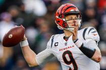 Cincinnati Bengals quarterback Joe Burrow (9) prepares to make a pass during the second half of ...