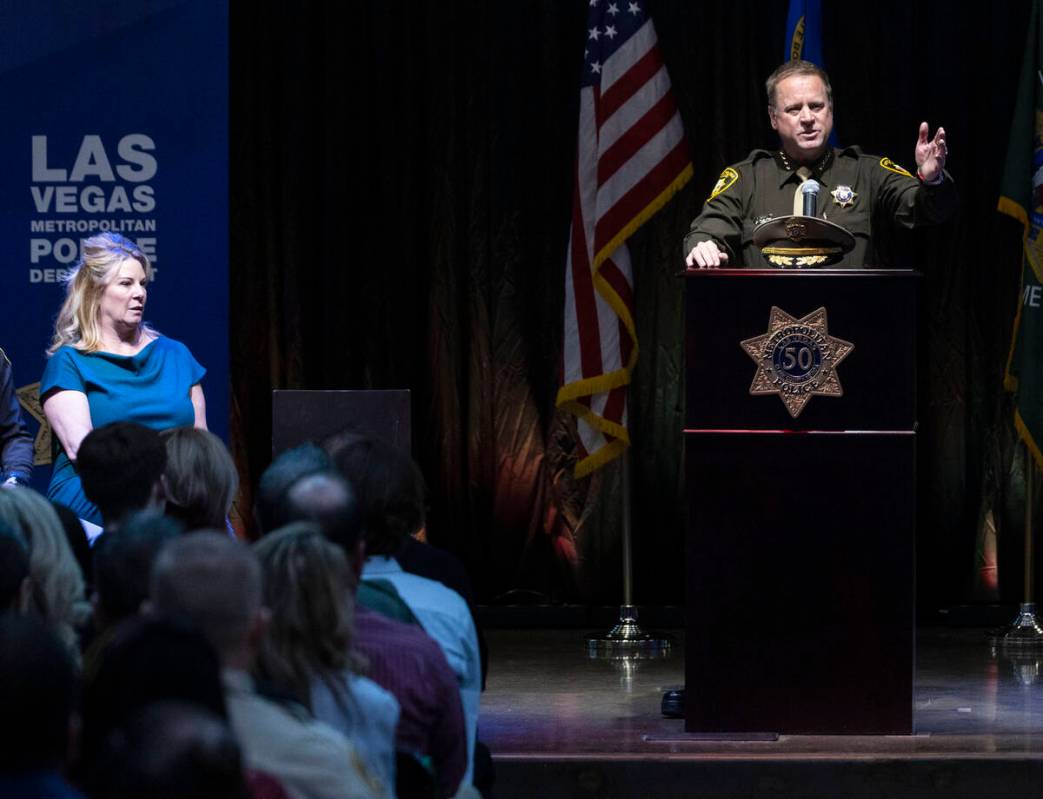 Sheriff Kevin McMahill speaks, after being sworn in as LVMPD Sheriff, as his wife Kelly, left, ...