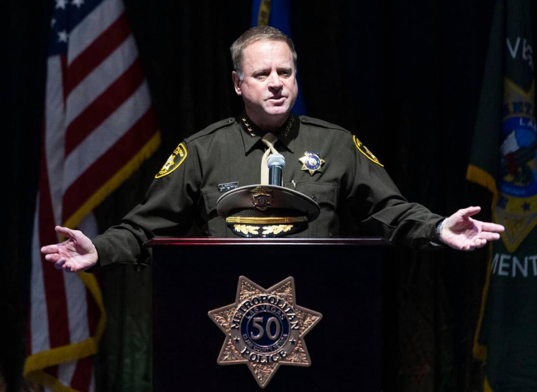 Sheriff Kevin McMahill speaks after being sworn in as LVMPD Sheriff at Blind Center of Nevada, ...