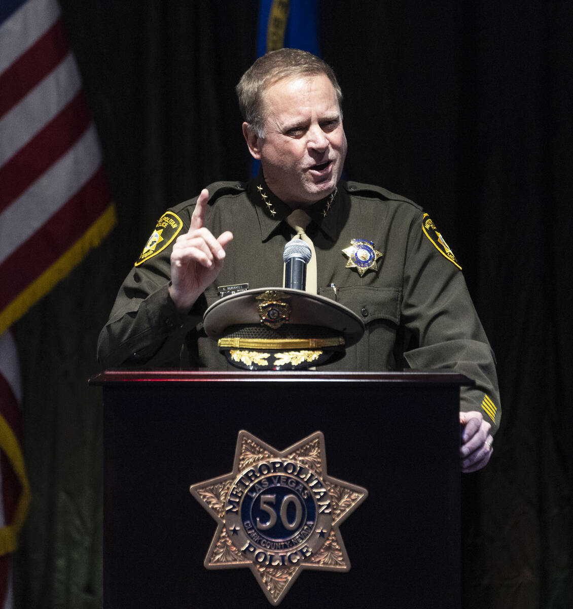 Sheriff Kevin McMahill speaks after being sworn in as LVMPD Sheriff at Blind Center of Nevada, ...