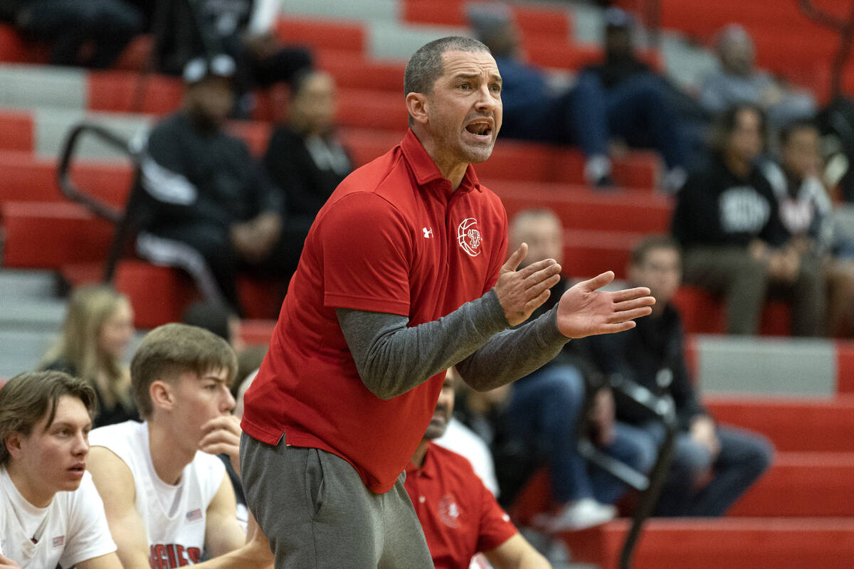 Arbor View assistant coach Mark Dickel shouts to his team from the sidelines during a boys high ...