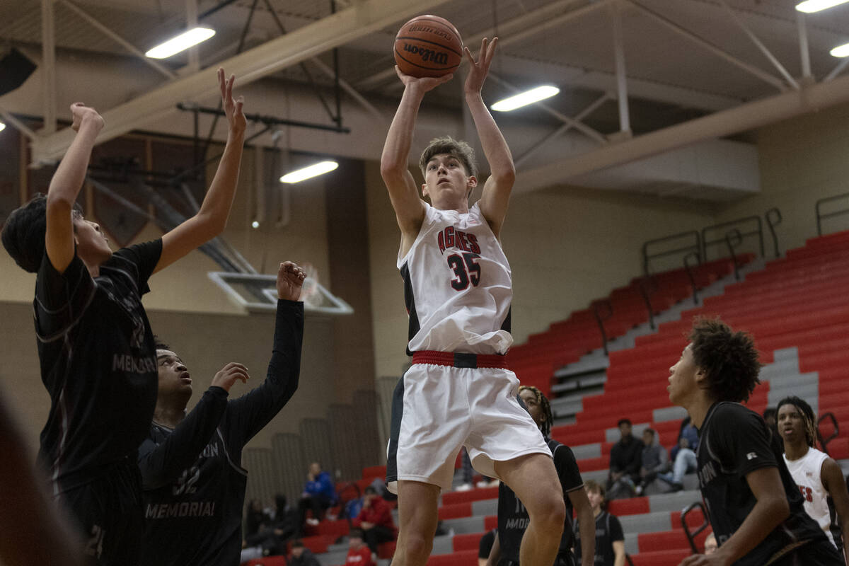 Arbor View’s Wyatt Jaeck (35) shoots against Cimarron-Memorial during a boys high school bask ...