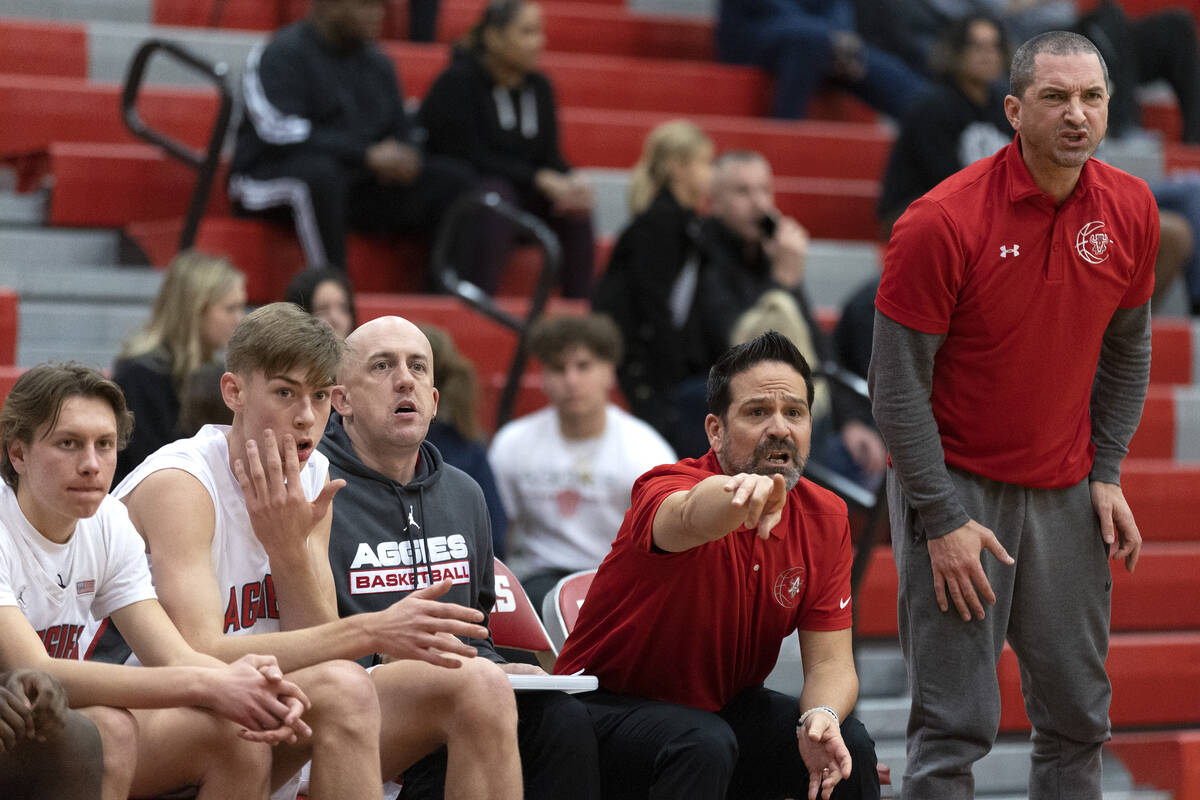 Arbor View’s coaching staff, including assistant coach Mark Dickel, right, shout from th ...