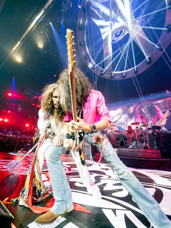 Steven Tyler and Joe Perry perform during the return of "Deuces Are Wild" at Dolby Live at Park ...