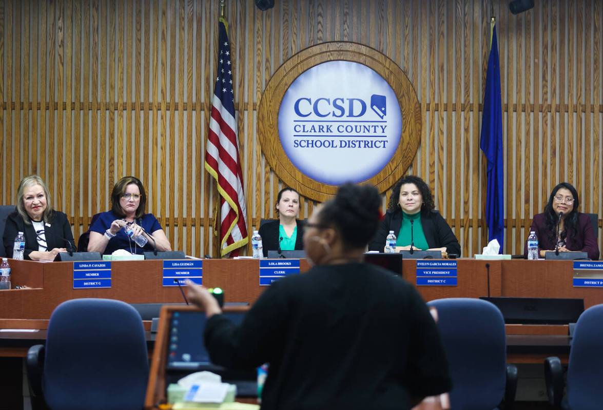 A woman speaks during public comment at a special school board meeting where newly elected scho ...