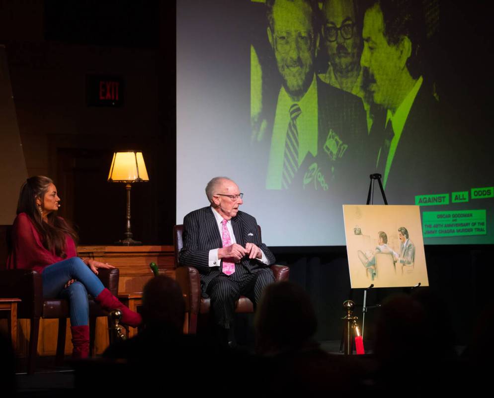 Oscar Goodman, right, speaks during a panel to discuss the 40th anniversary of the Jimmy Chagra ...