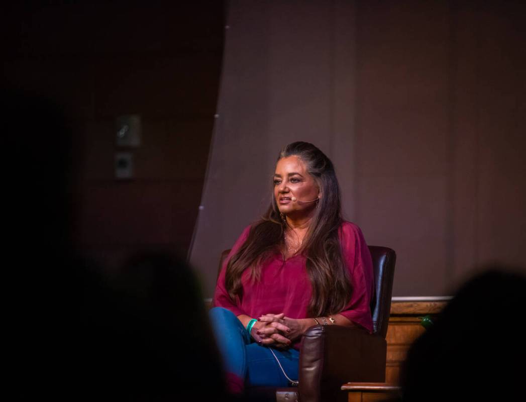 Catherine Chagra, left, daughter of Jimmy Chagra, speaks during a panel discussion about the 40 ...