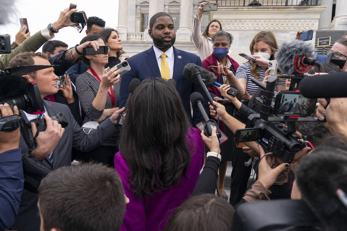 Rep. Byron Donalds, R-Fla., who has been nominated for Speaker of the House, speaks to members ...