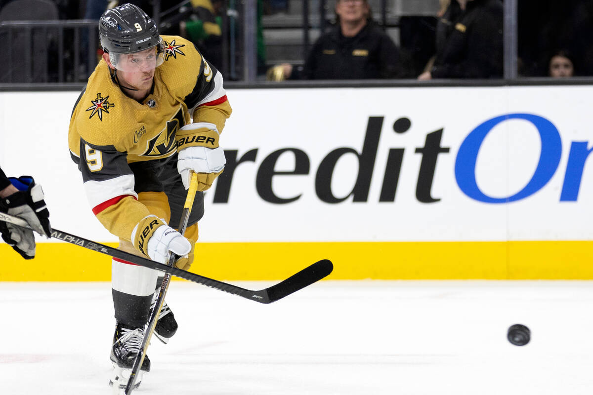 Vegas Golden Knights center Jack Eichel (9) shoots during the second period of the team's NHL h ...