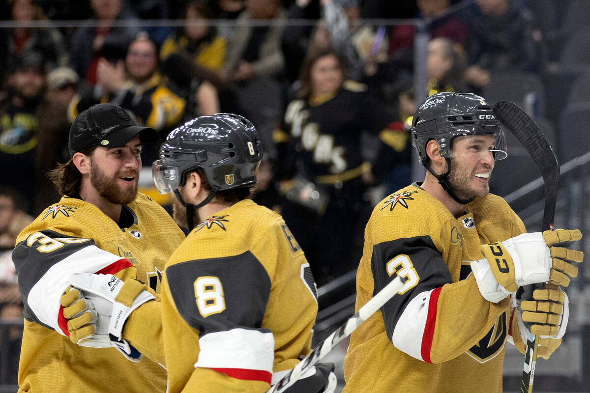 Vegas Golden Knights goaltender Logan Thompson (36), center Phil Kessel (8) and defenseman Bray ...