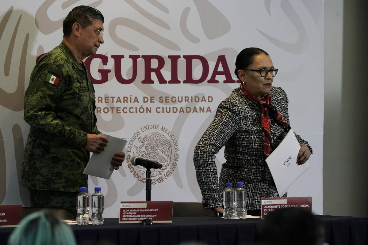 Mexican Public Safety Secretary Rosa Icela Rodriguez, right, and Mexican Defense Secretary Luis ...