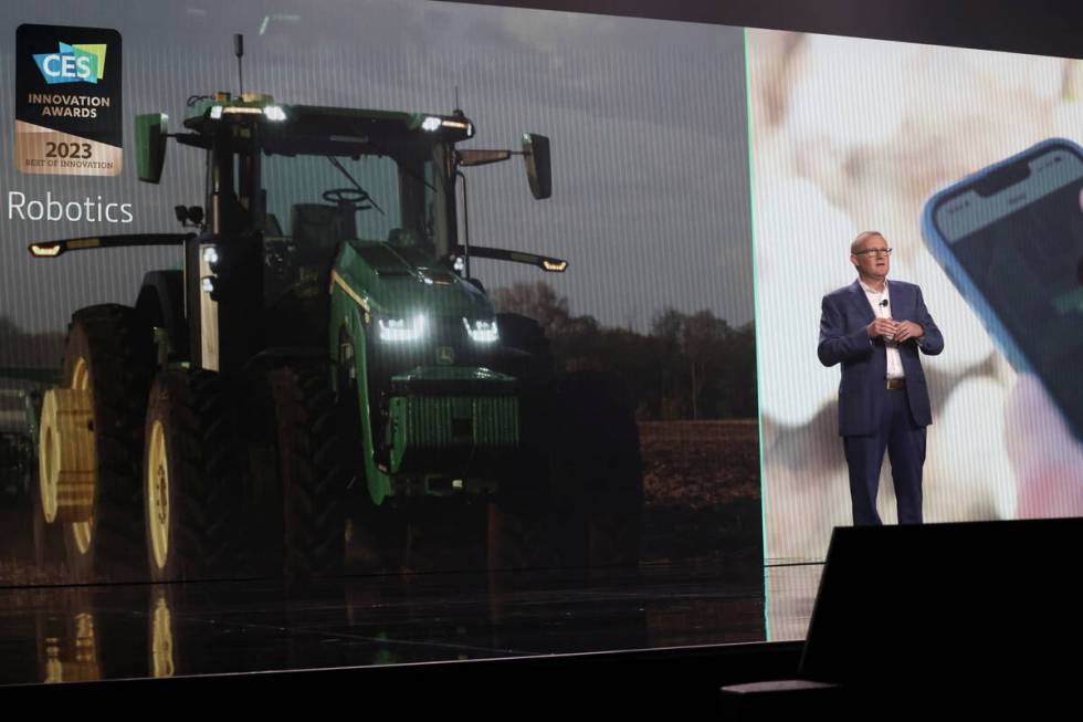 John Deere Chairman and CEO shows a fully autonomous tractor during the opening keynote for CES ...