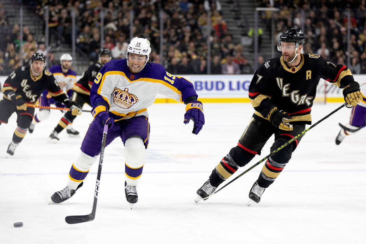 Los Angeles Kings left wing Alex Iafallo (19) skates for the puck against Vegas Golden Knights ...