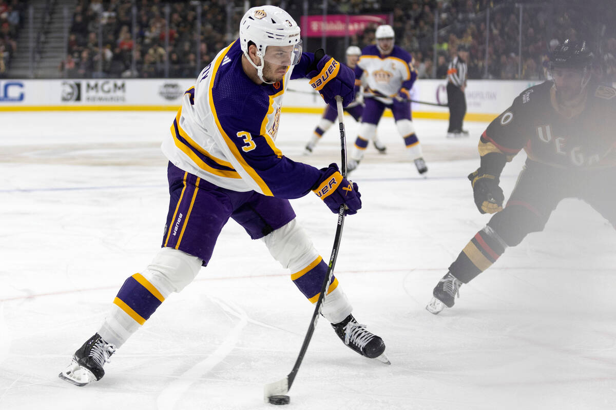 Los Angeles Kings defenseman Matt Roy (3) prepares to shoot while Vegas Golden Knights center N ...