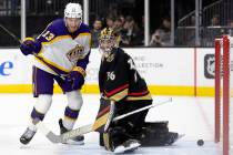 Vegas Golden Knights goaltender Logan Thompson misses the save on a goal shot by Los Angeles Ki ...