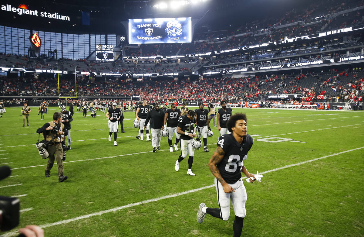 The Raiders leave the field after a loss to the Kansas City Chiefs in an NFL game at Allegiant ...