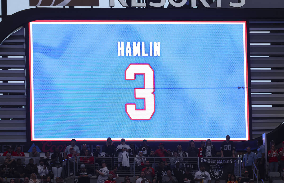 Buffalo Bills’ Damar Hamlin is honored before an NFL game between the Raiders and Kansas ...