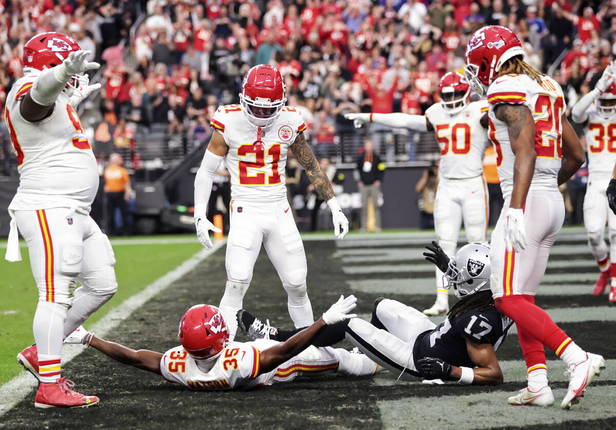 Kansas City Chiefs cornerback Jaylen Watson (35) motions after breaking up a touchdown pass int ...