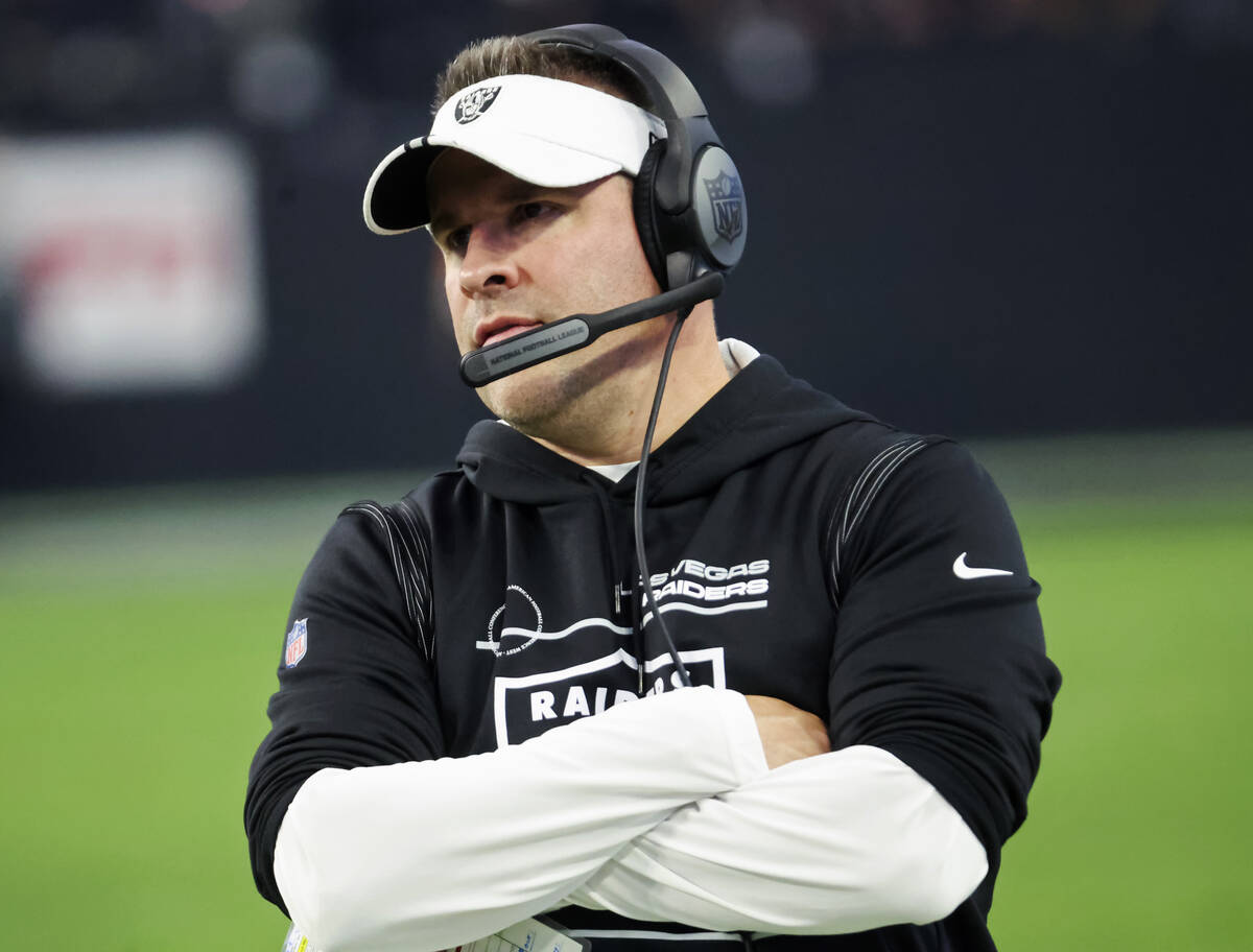 Raiders head coach Josh McDaniels looks on during the second half an NFL game against the Kansa ...