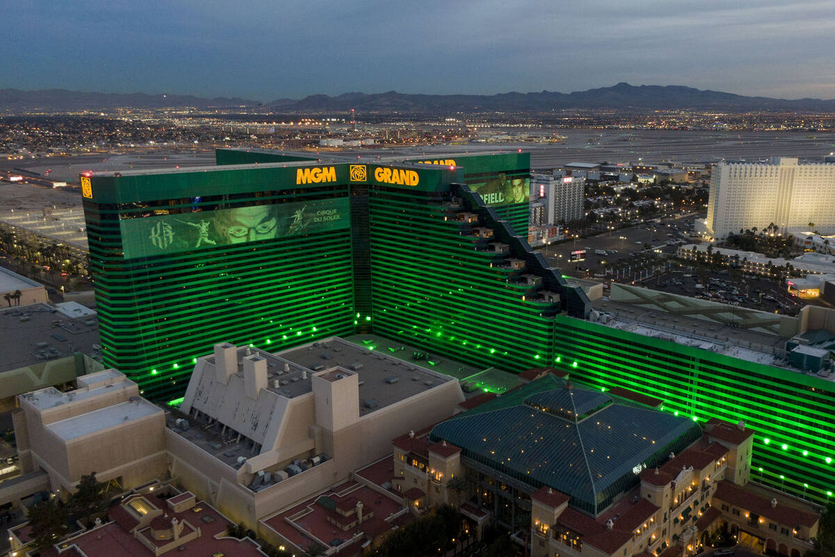 Aerial view of the MGM Grand hotel casino on the south Las Vegas Strip at sunset on Wednesday, ...