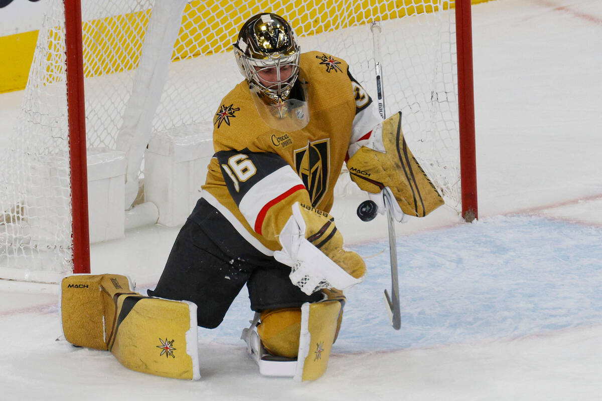 Golden Knights goaltender Logan Thompson (36) makes a save against St. Louis Blues during the s ...