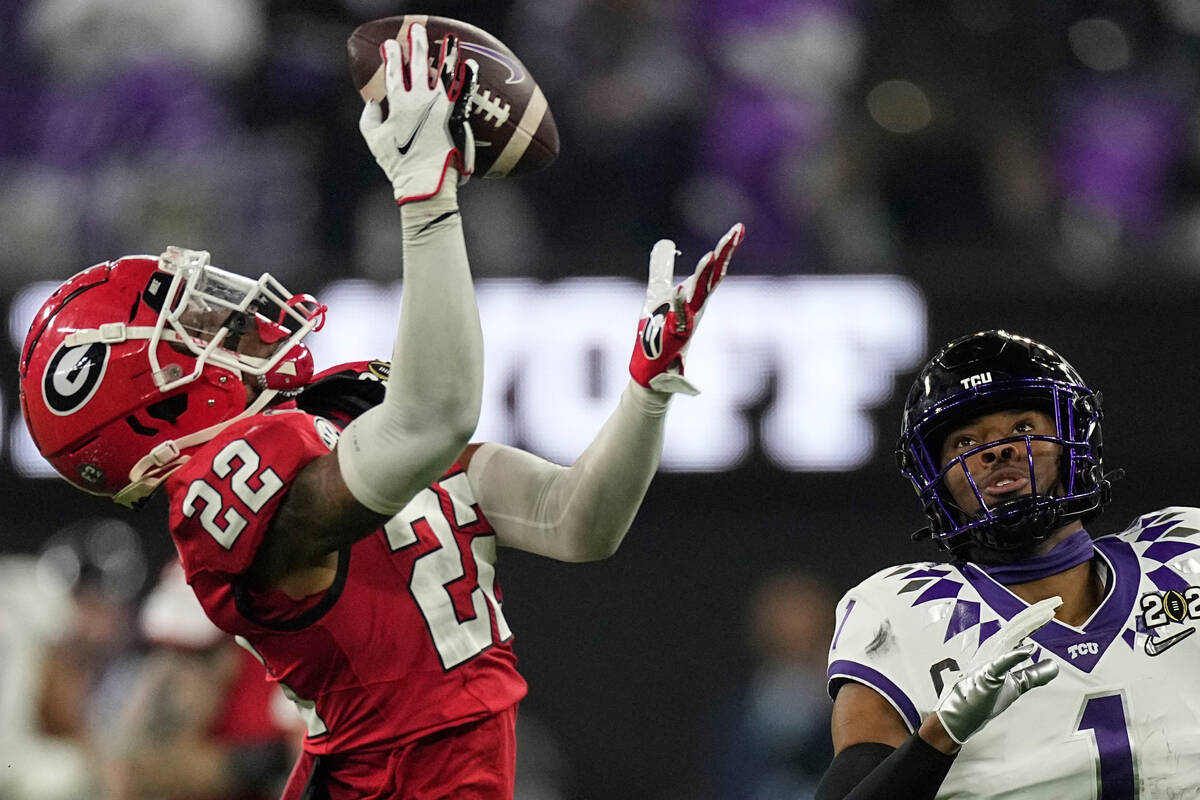 Georgia defensive back Javon Bullard (22) intercepts the ball intended for TCU wide receiver Qu ...