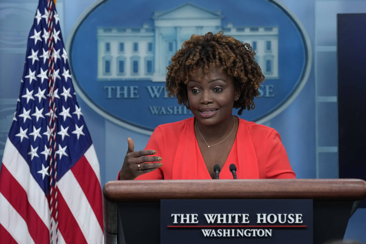 White House press secretary Karine Jean-Pierre speaks during the daily briefing at the White Ho ...