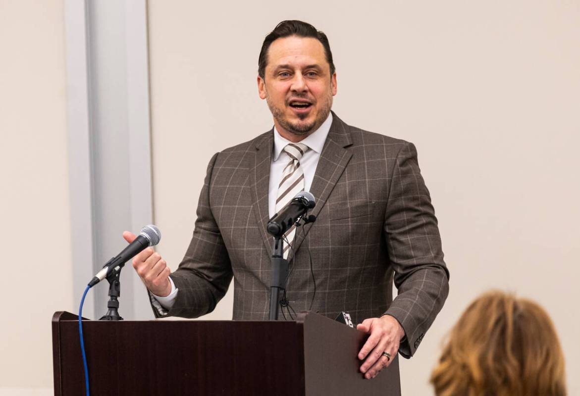 Tim Burch, Clark County administrator of social services, speaks during a briefing about the ev ...