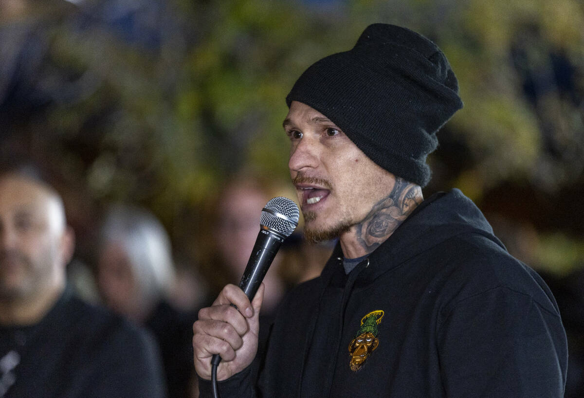 Brandon Kagel recalls his friend Jonet Dominguez during a candlelight vigil at Awaken Las Vegas ...