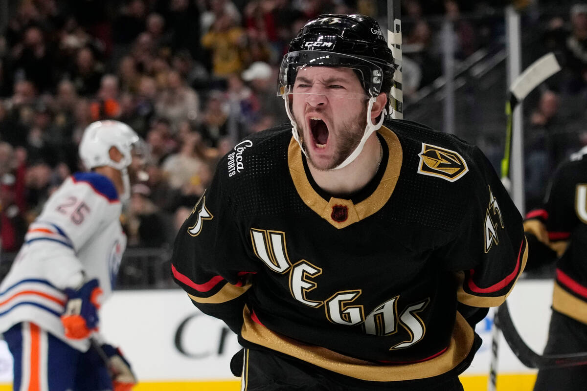 Vegas Golden Knights center Paul Cotter (43) celebrates after scoring against the Edmonton Oile ...