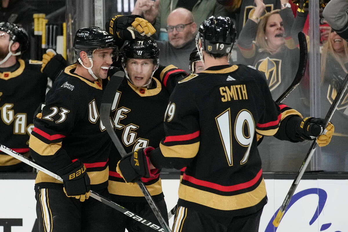 Vegas Golden Knights center William Karlsson, center, celebrates after scoring against the Edmo ...