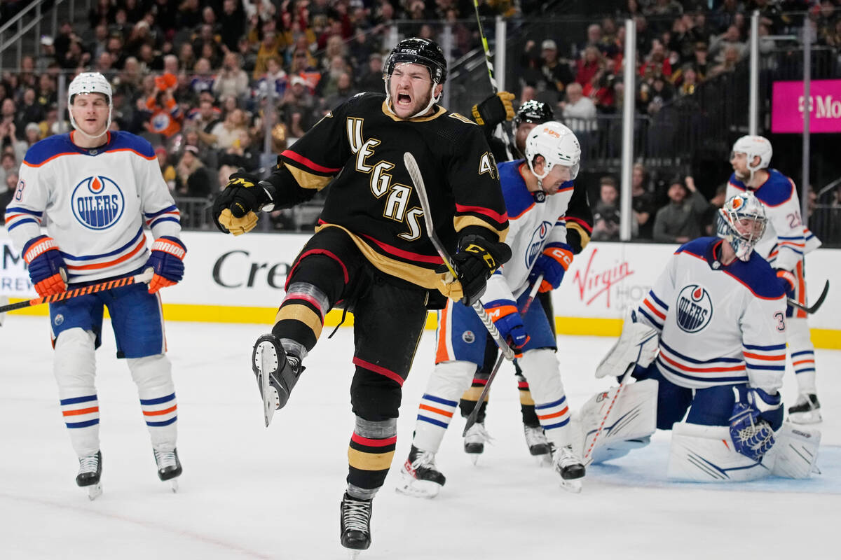 Vegas Golden Knights center Paul Cotter (43) celebrates after scoring against the Edmonton Oile ...