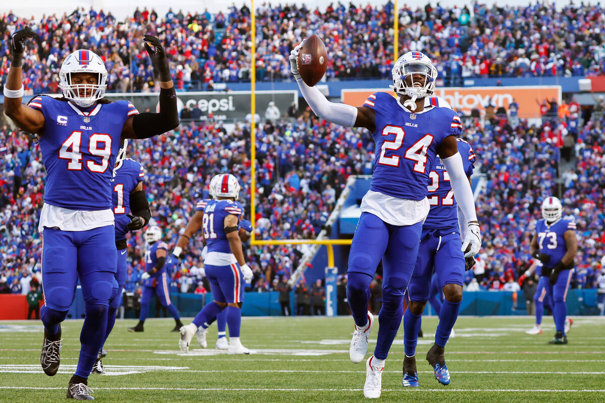 Buffalo Bills cornerback Kaiir Elam (24), center, celebrates after his interception during the ...