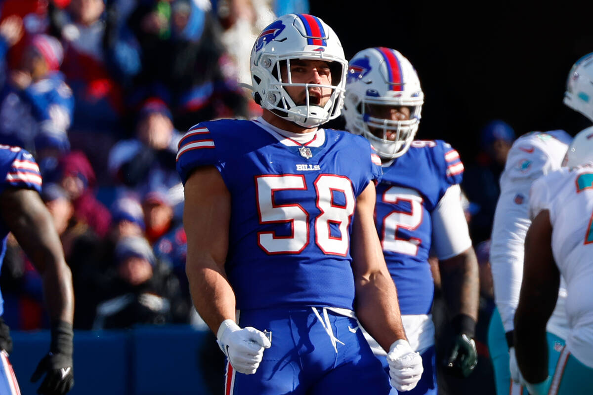 Buffalo Bills linebacker Matt Milano (58) reacts during the first half of an NFL wild-card play ...