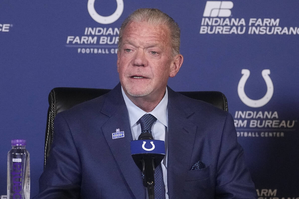 Indianapolis Colts owner Jim Irsay speaks during a news conference at the NFL football team's p ...