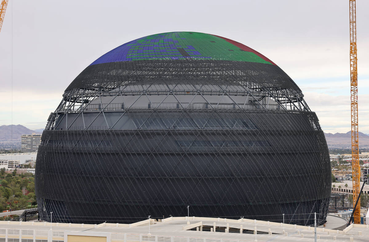 MSG Sphere tests the top of the exterior LED screens on Tuesday, Jan. 17, 2023, in Las Vegas. K ...