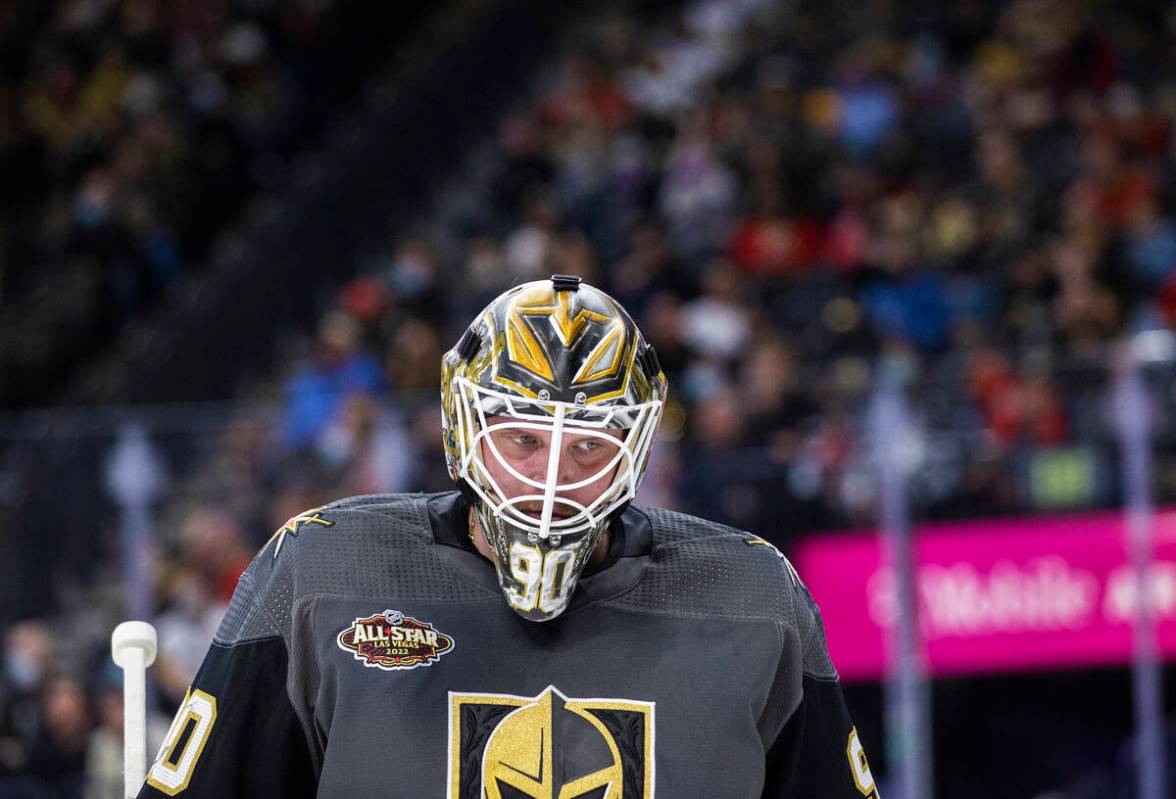 Golden Knights goaltender Robin Lehner (90) circles the net in the second period during an NHL ...