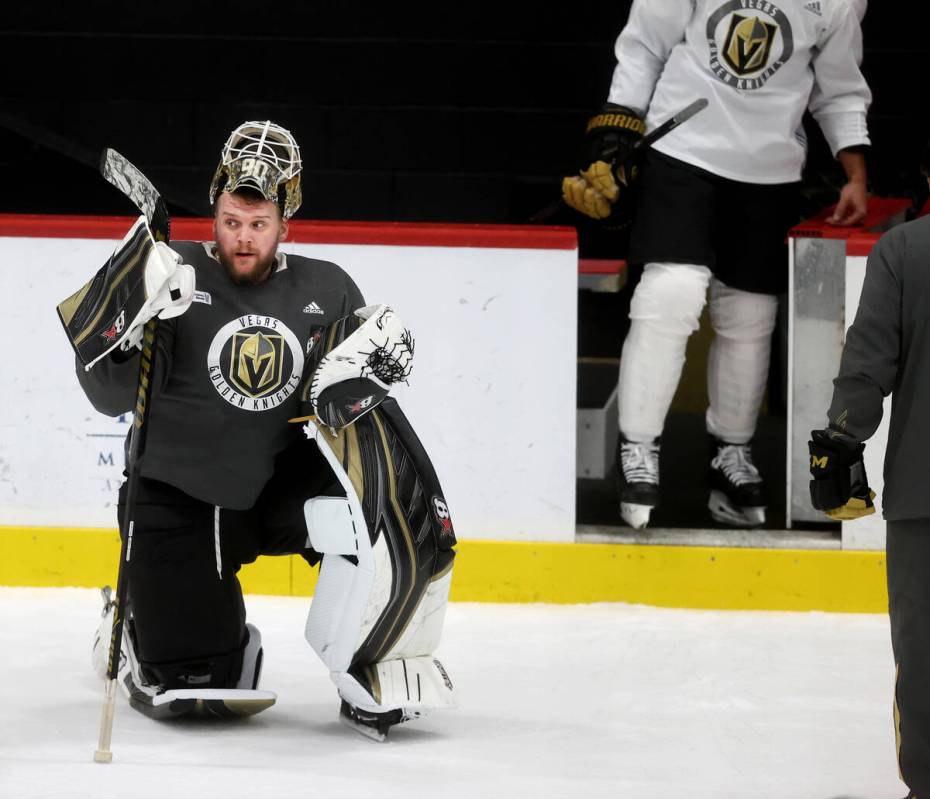 Vegas Golden Knights goaltender Robin Lehner during practice at City National Arena in Las Vega ...