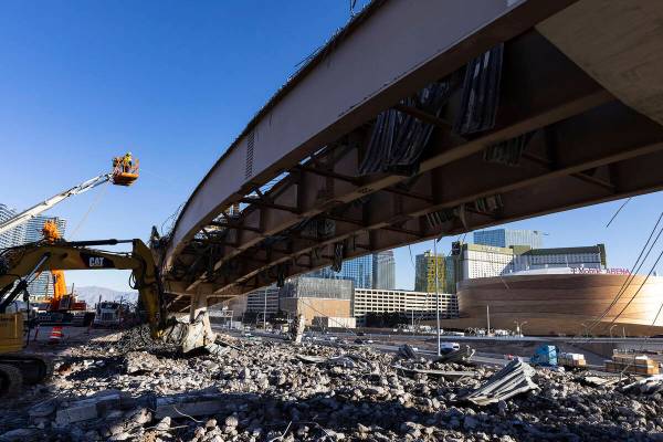 The Tropicana Avenue exit is closed as workers demolish the bridge, on Wednesday, Jan. 18, 2023 ...