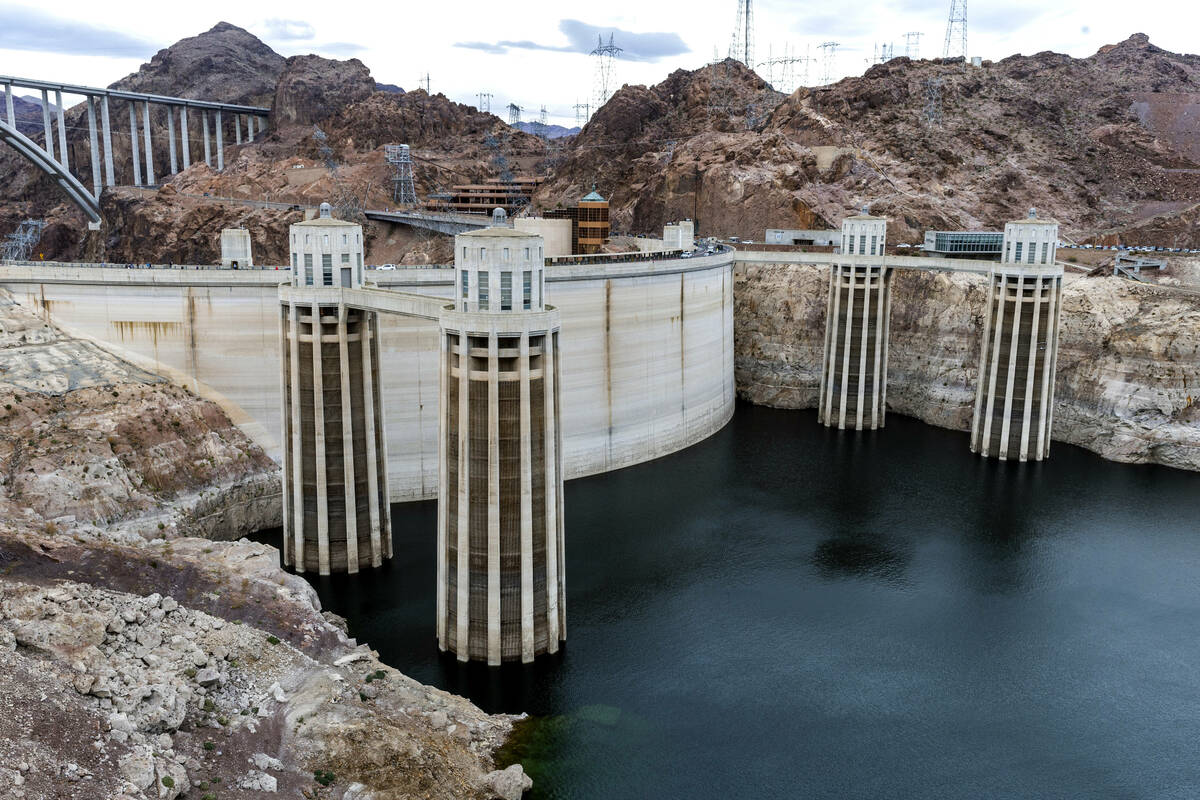 The intake towers at Hoover Dam are where water enters from Lake Mead to generate electricity a ...