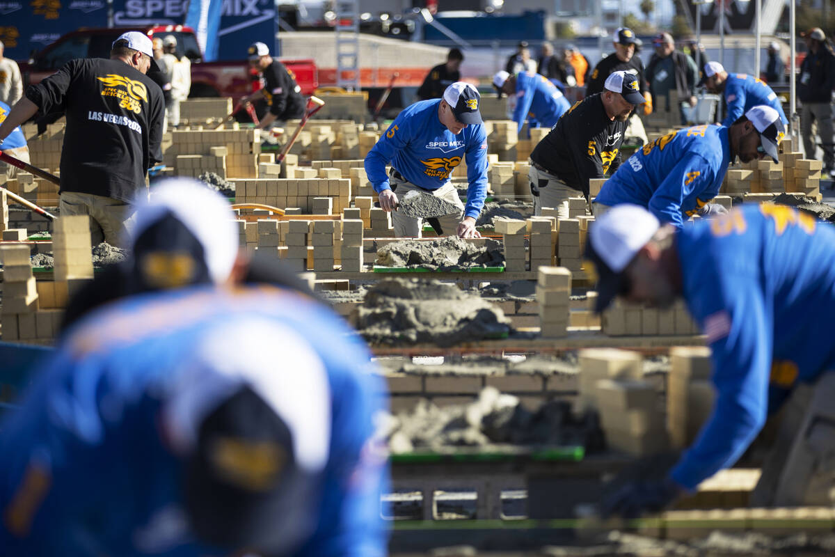 Masons participate in the World of Concrete Convention bricklaying competition at the Las Vegas ...