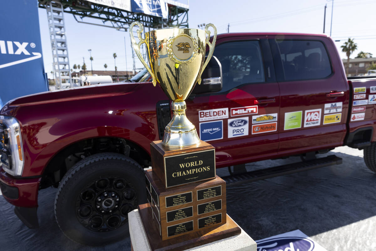 The World of Concrete Convention bricklaying competition trophy is displayed at the Las Vegas C ...