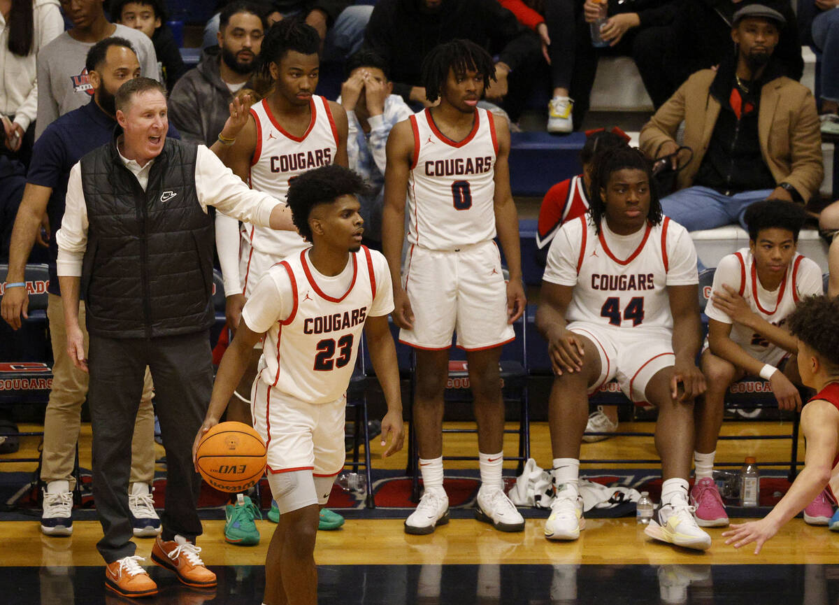 Coronado’s head coach Jeff Kaufman, left, speaks to players during the second half of a ...