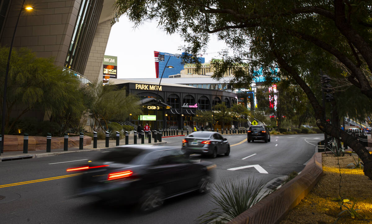 Cars move long Park Avenue between the New York-New York and Park MGM hotel-casinos on Thursday ...