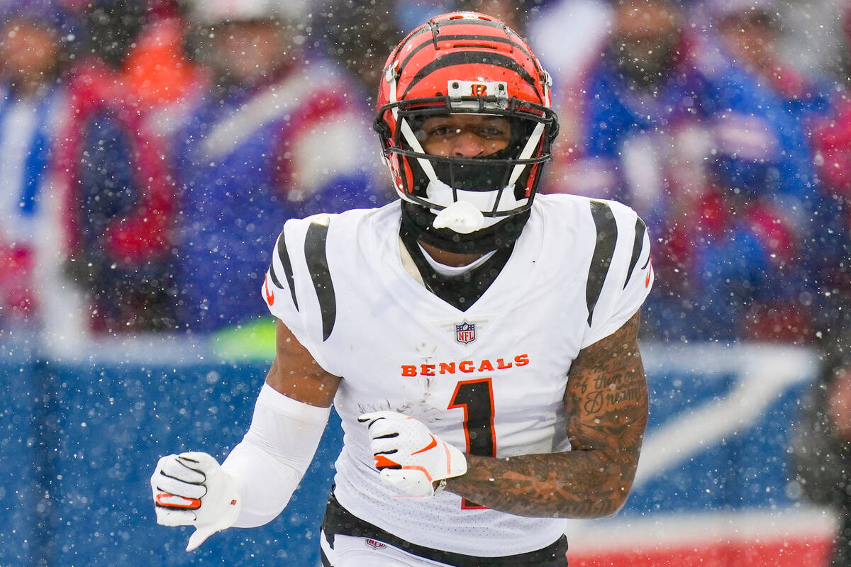 Cincinnati Bengals wide receiver Ja'Marr Chase (1) reacts after making a touchdown catch agains ...